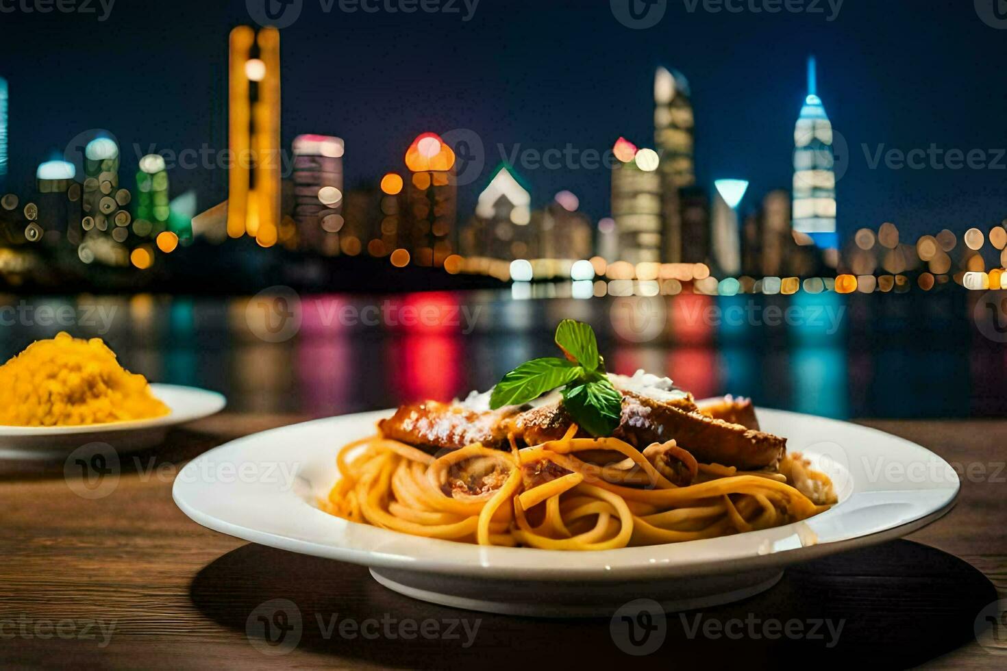 a plate of spaghetti with a view of the city. AI-Generated photo