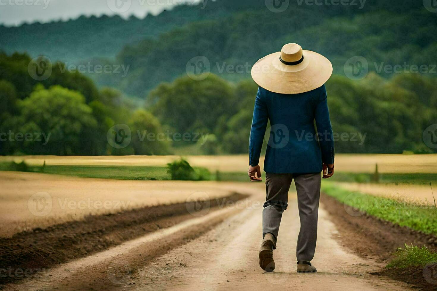 un hombre en un sombrero camina abajo un suciedad la carretera. generado por ai foto