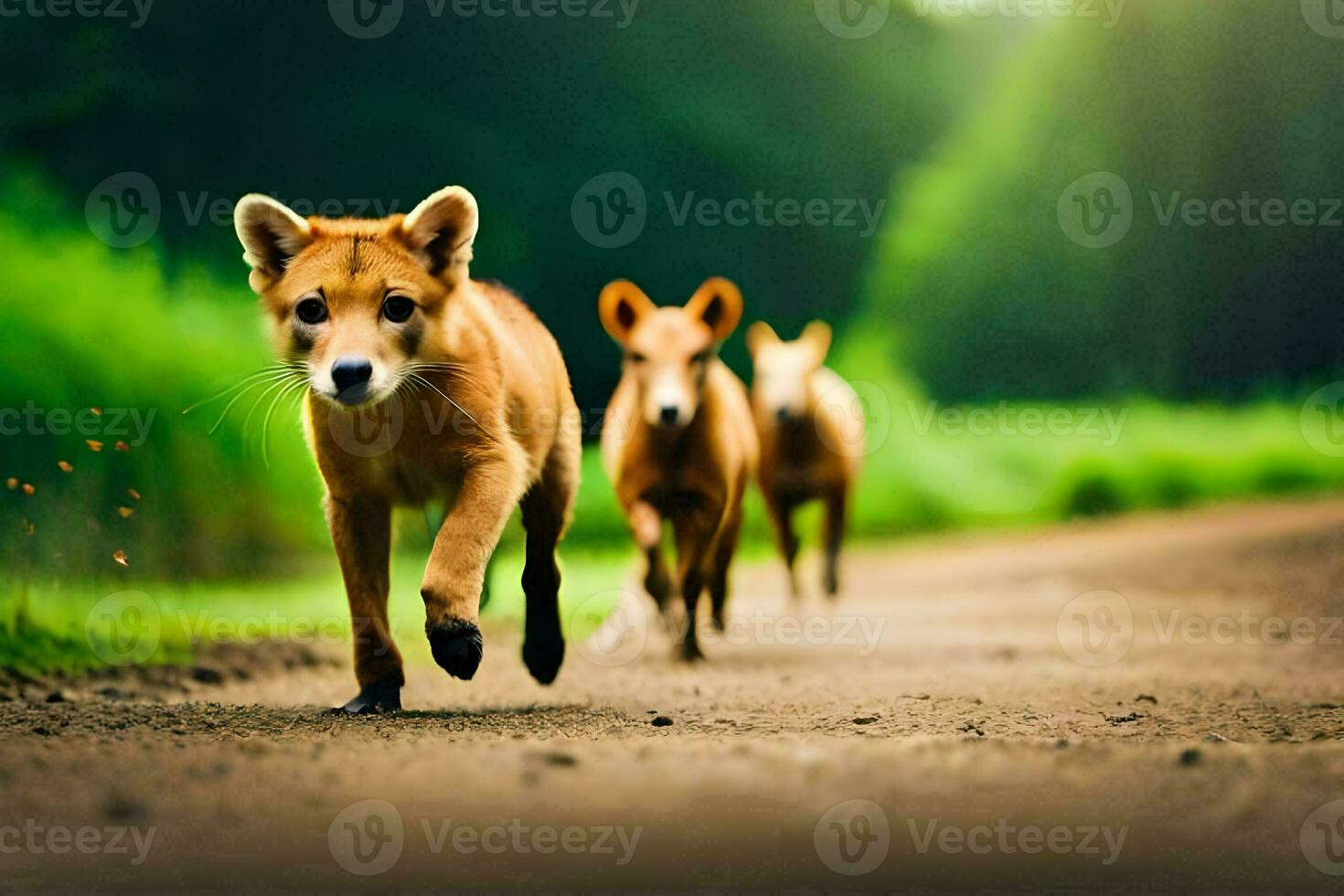Tres perros corriendo en un suciedad la carretera. generado por ai foto