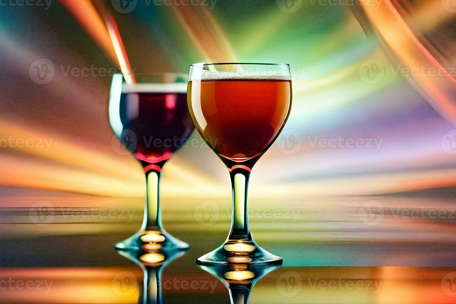 two glasses of wine on a table with a colorful background. AI-Generated photo