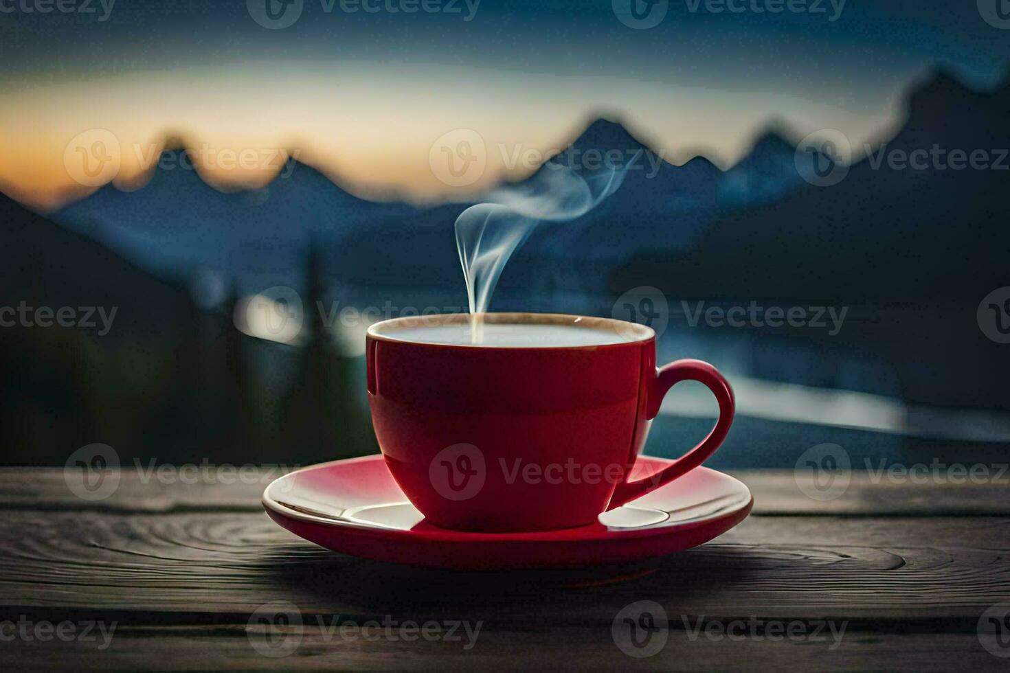 a cup of coffee on a wooden table with mountains in the background. AI-Generated photo