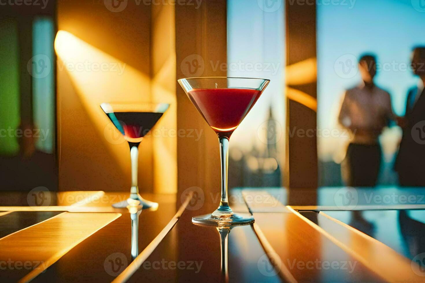 dos martinis en un mesa con un ver de el ciudad. generado por ai foto