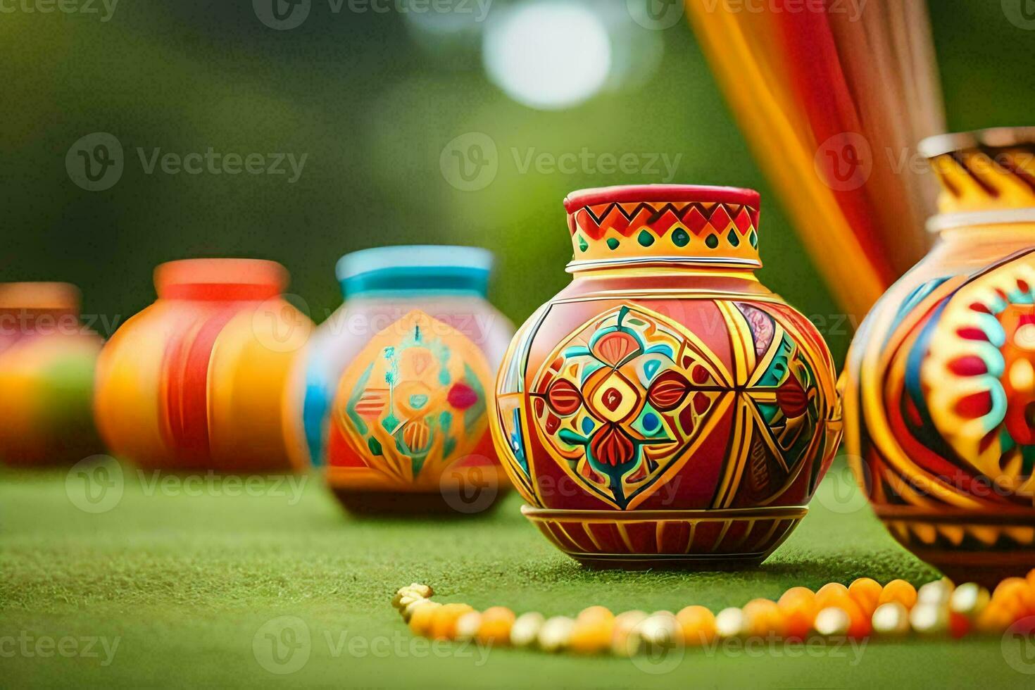 colorful vases on the grass. AI-Generated photo