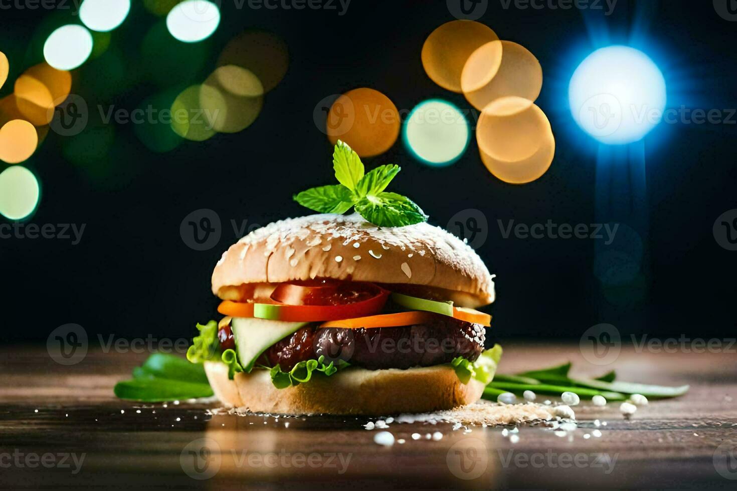 a hamburger with vegetables and cheese on a wooden table. AI-Generated photo