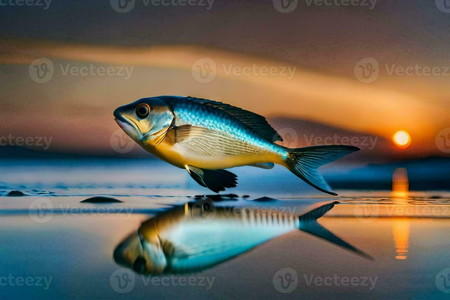 a fish is standing on the beach at sunset. AI-Generated photo