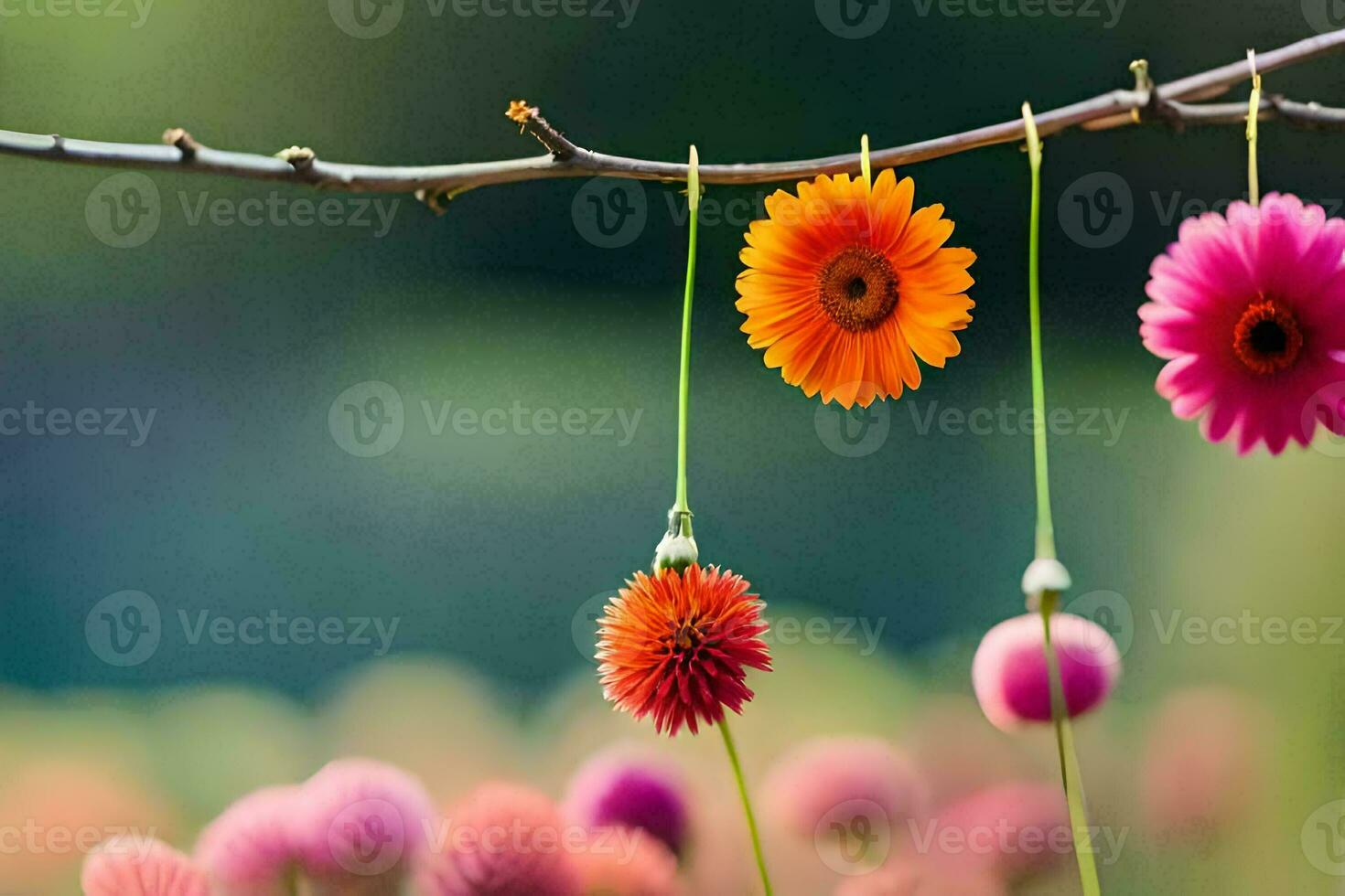 colorful flowers hanging from a branch. AI-Generated photo