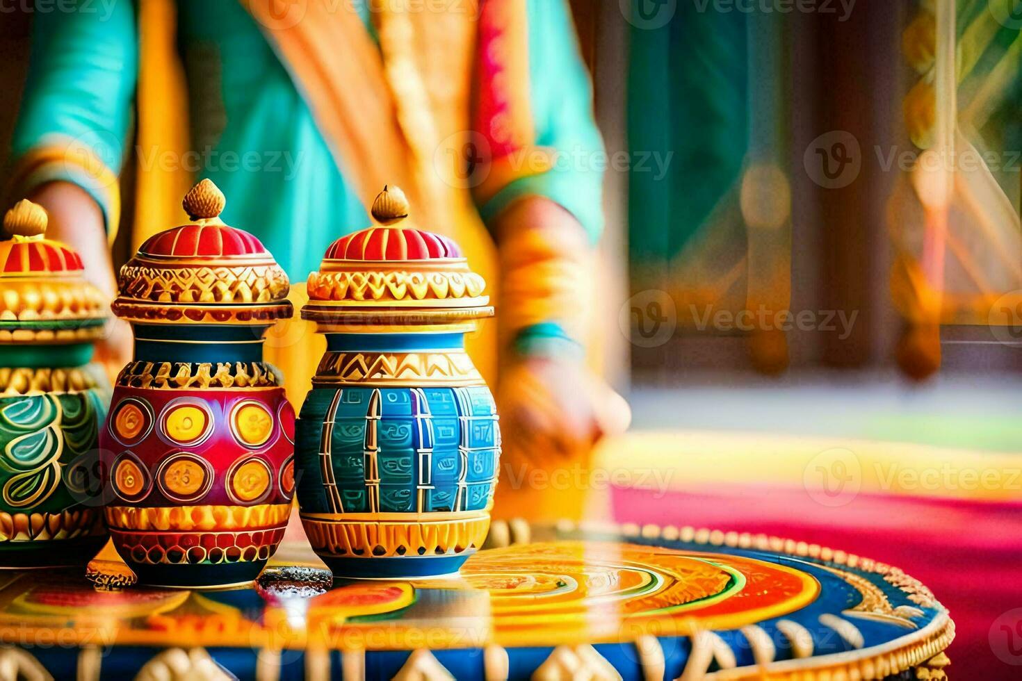 colorful pots on a table with a woman in a colorful dress. AI-Generated photo