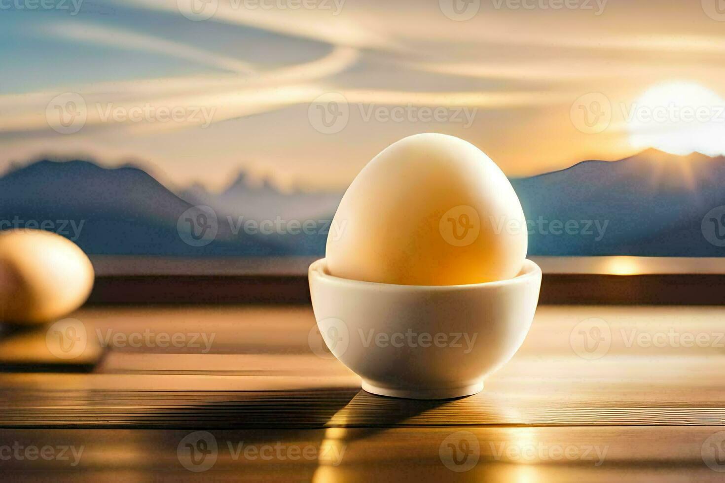 eggs in a cup on a table with mountains in the background. AI-Generated photo