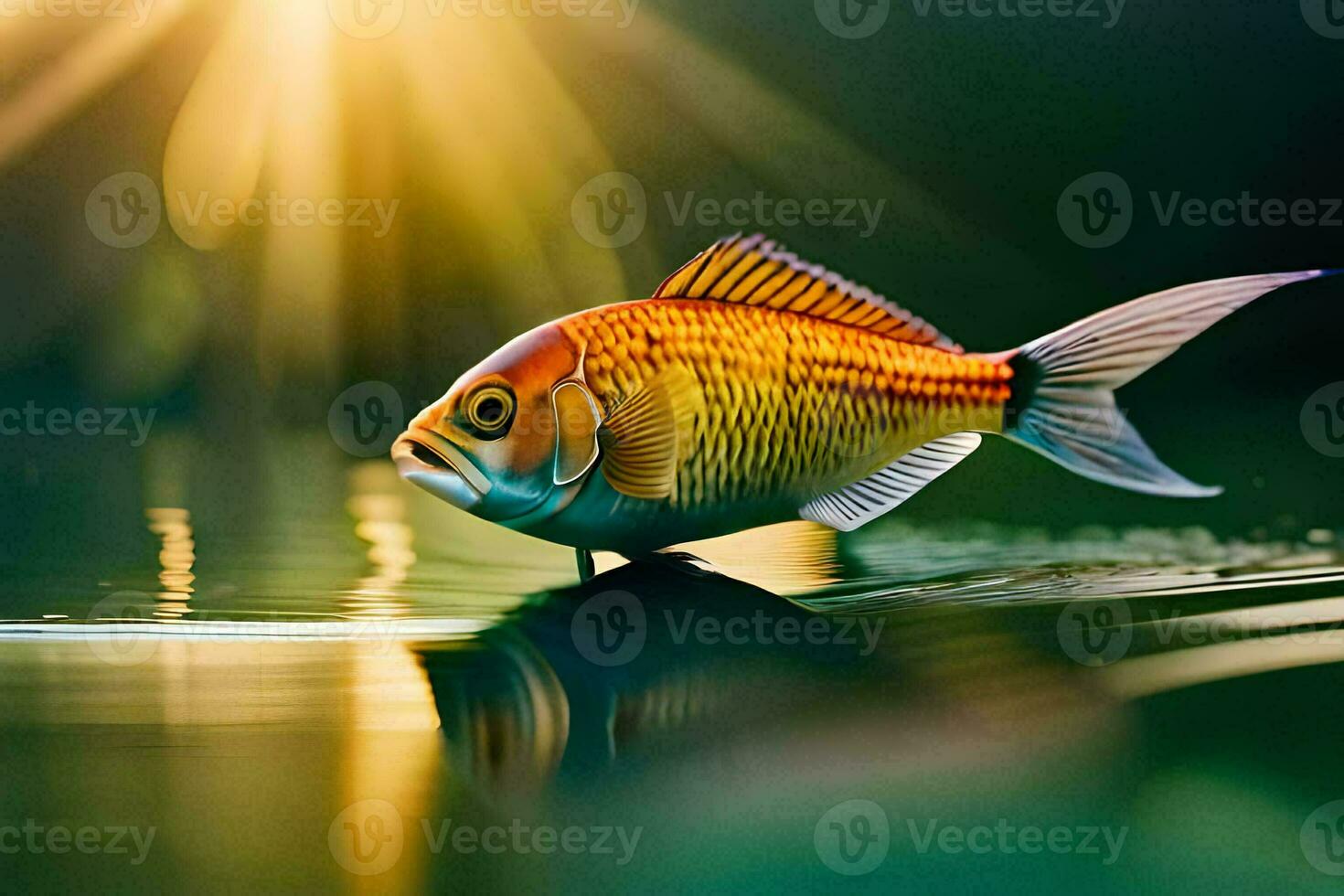 a fish is swimming in the water with the sun shining. AI-Generated photo