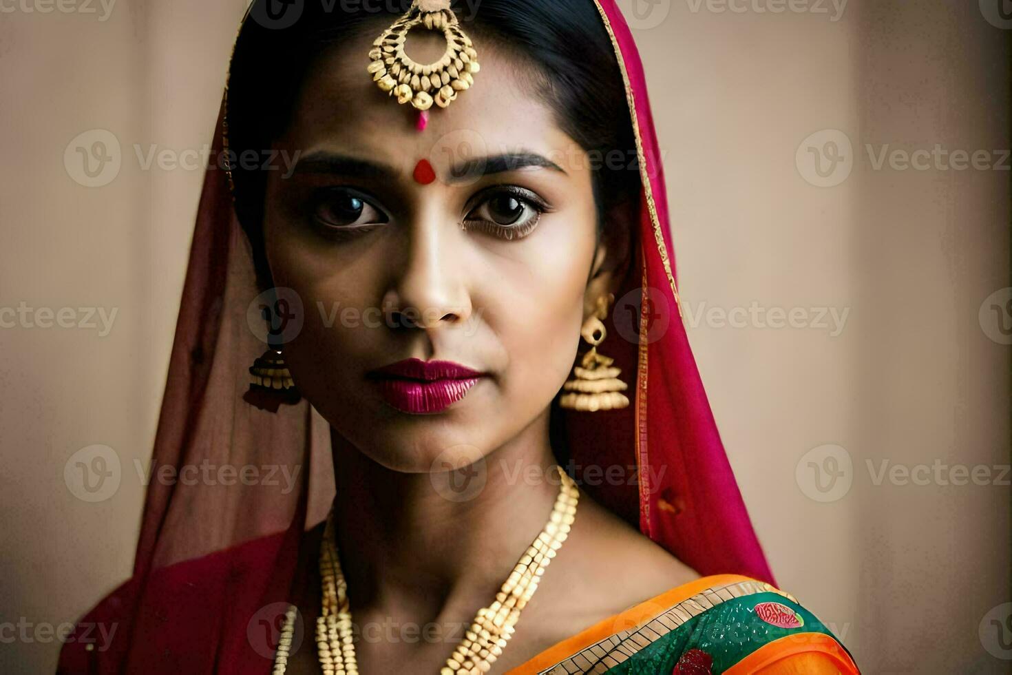 a beautiful indian woman wearing a sari and jewelry. AI-Generated photo