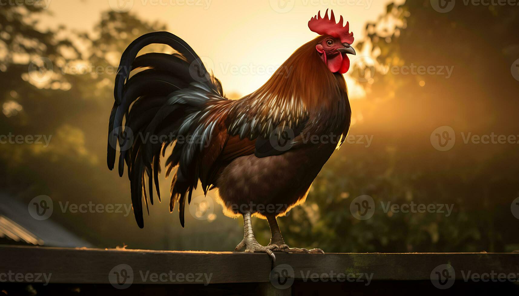 Beautiful rooster standing on a fence in the morning light AI Generated photo