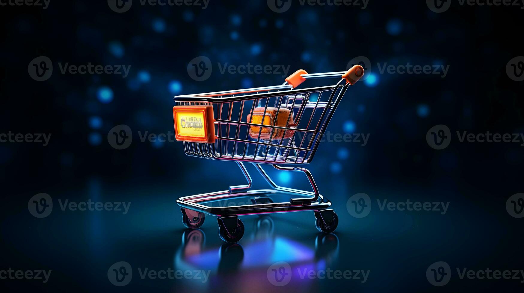 Shopping cart on dark background. Online shopping concept AI Generated photo