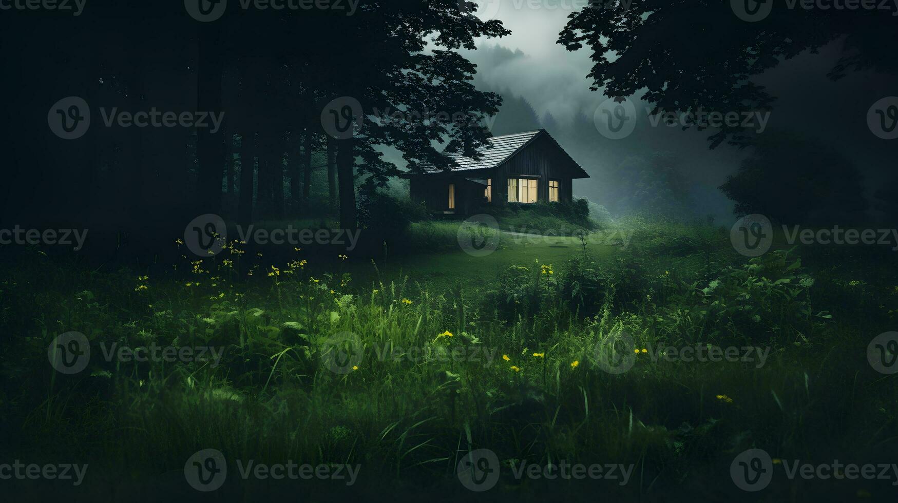 Wooden house in the misty forest AI Generated photo