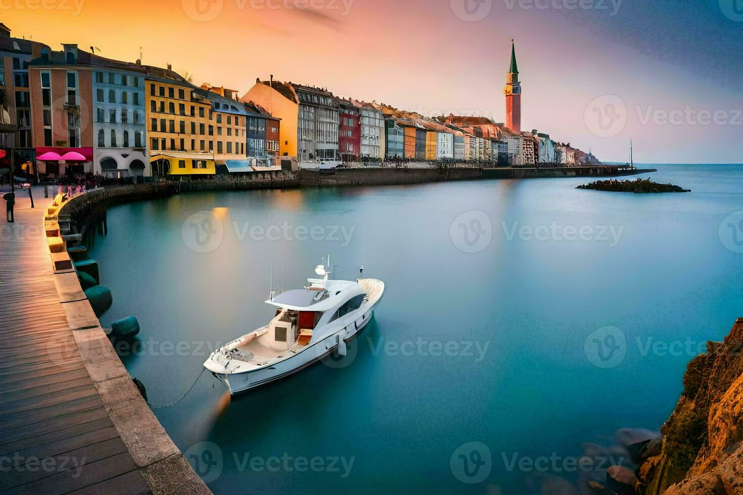 a boat is docked in the water at sunset. AI-Generated photo