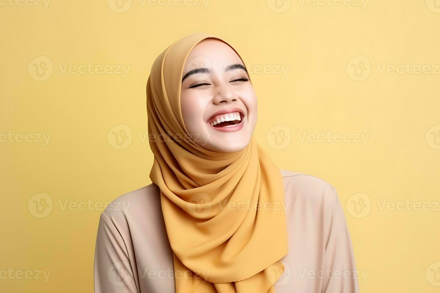 Hijab woman with smile and happy expression on yellow background AI Generated photo