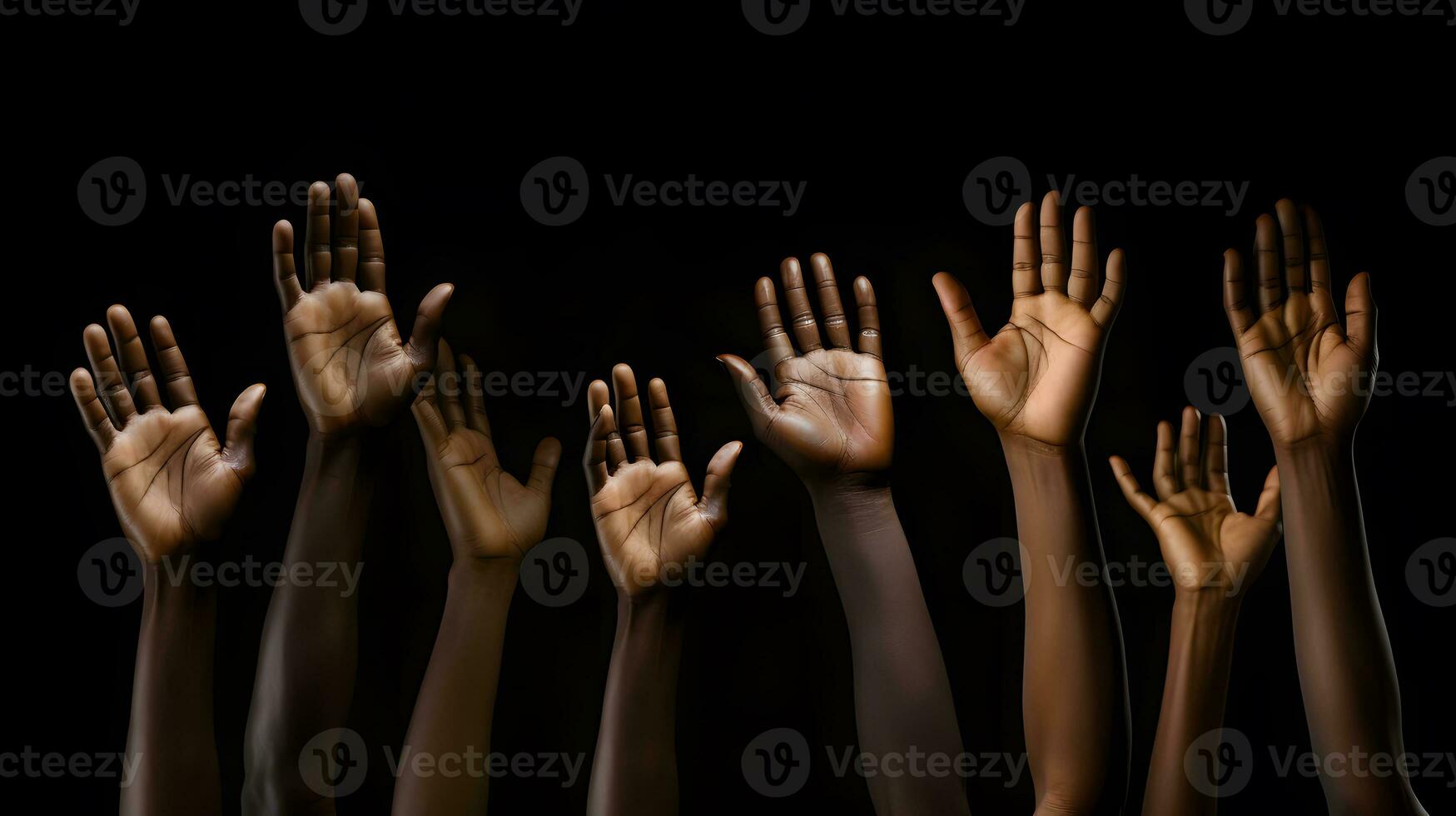 Group of african-american hands gesturing, isolated on black background AI Generated photo