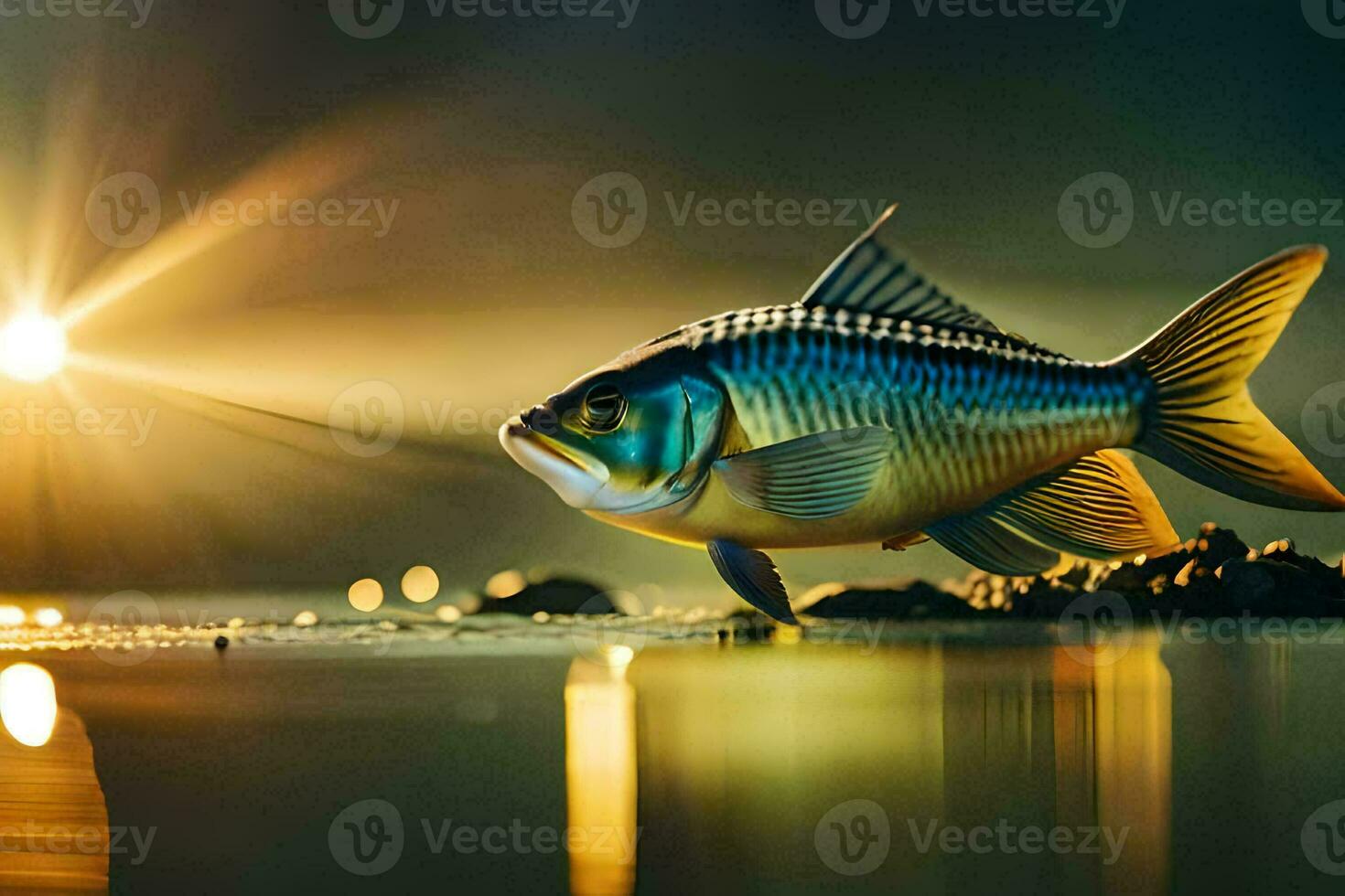 a fish is standing on the water at sunset. AI-Generated photo