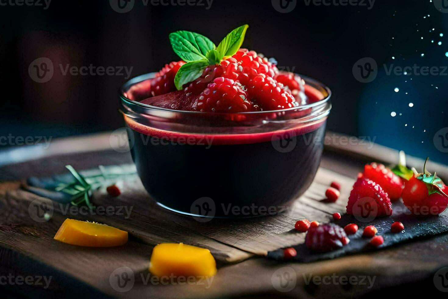 a bowl of fruit with berries and mint. AI-Generated photo