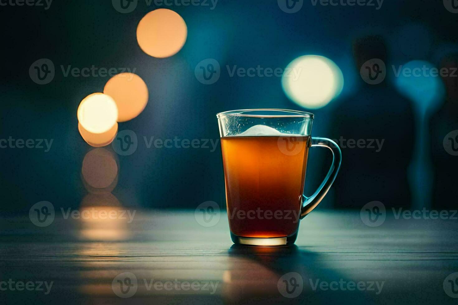 un vaso de cerveza en un mesa en frente de un borroso antecedentes. generado por ai foto