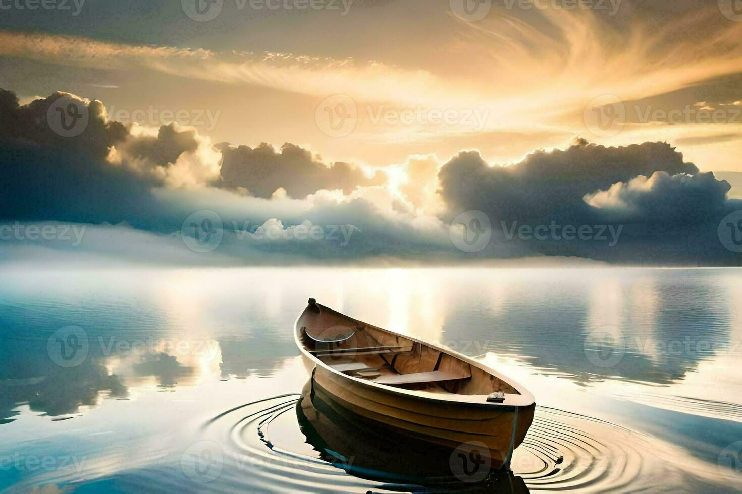 the boat is floating on the calm water. AI-Generated photo