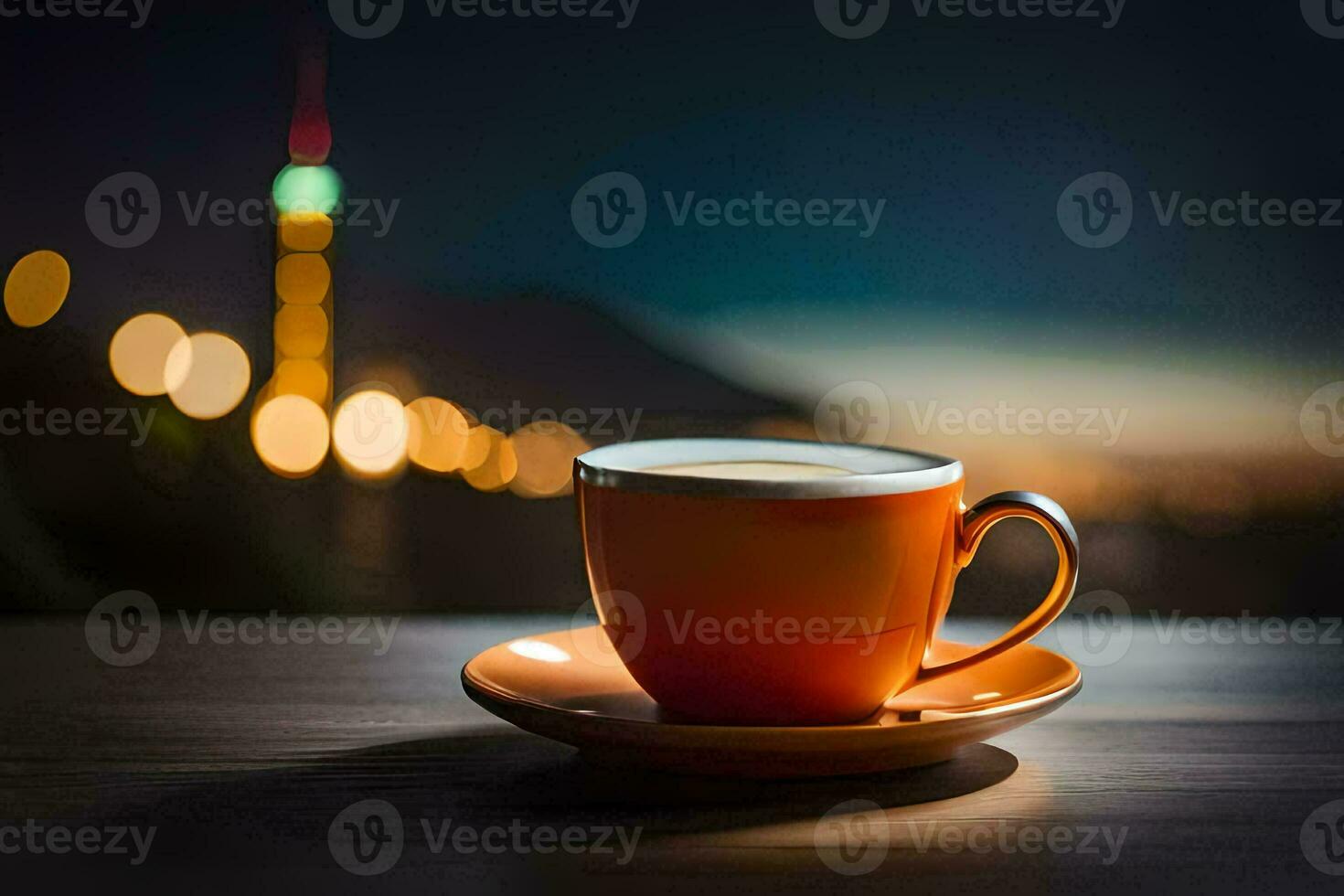 a cup of coffee on a table in front of a cityscape. AI-Generated photo