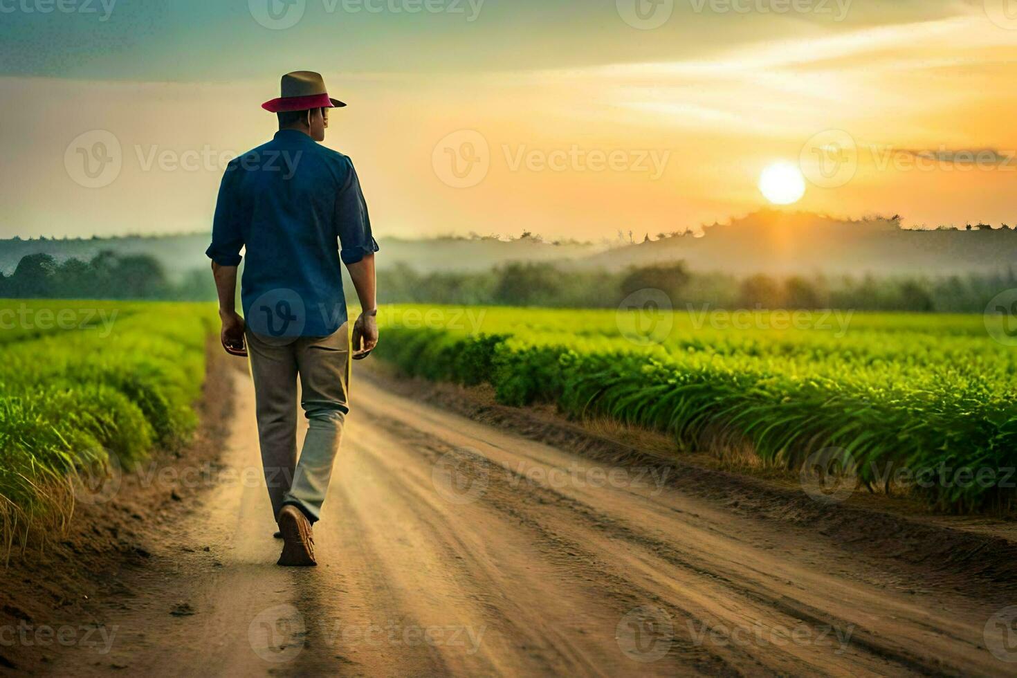 a man walking down a dirt road in front of a field. AI-Generated photo