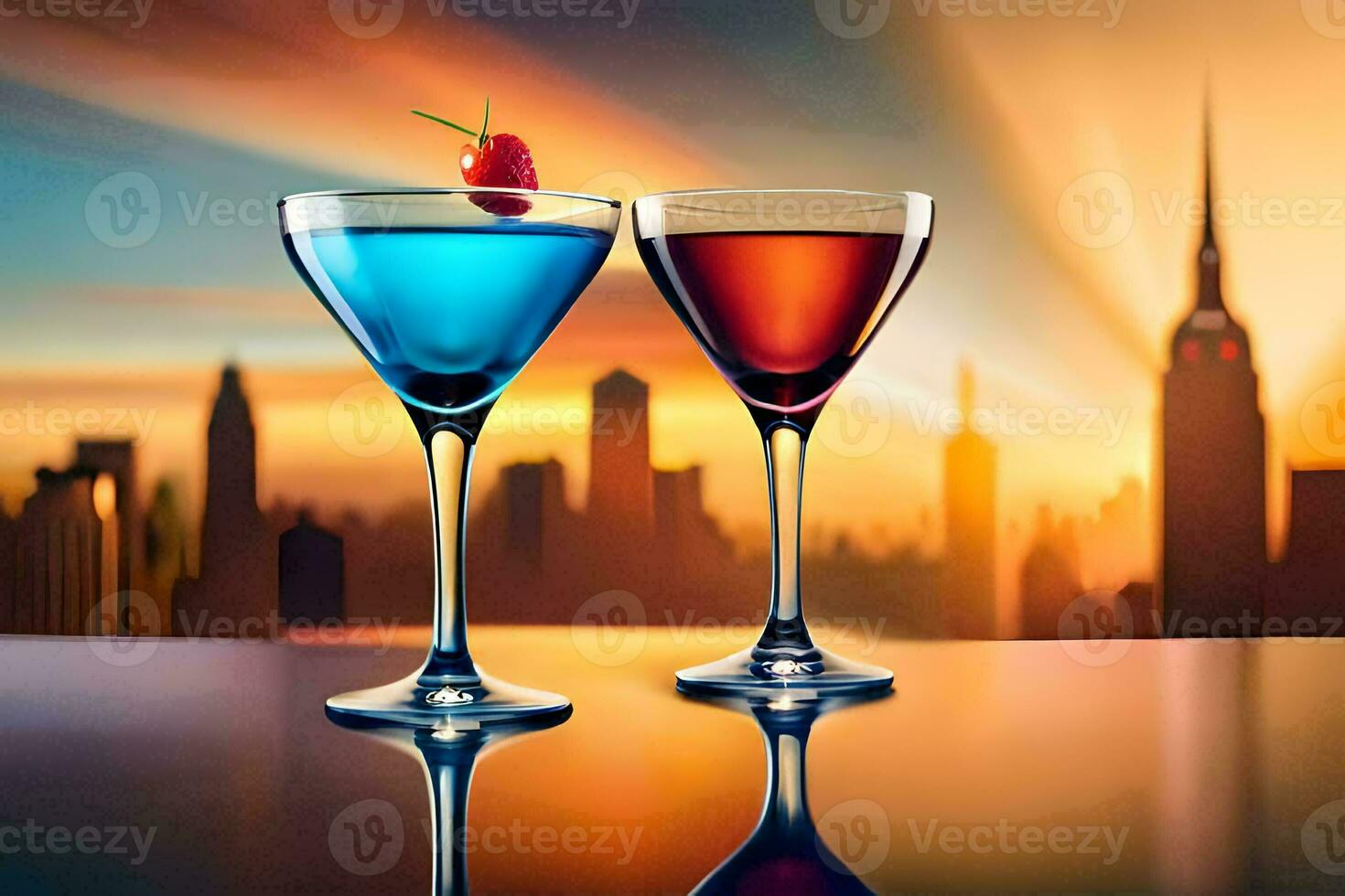 two glasses of martinis with a cherry on top. AI-Generated photo