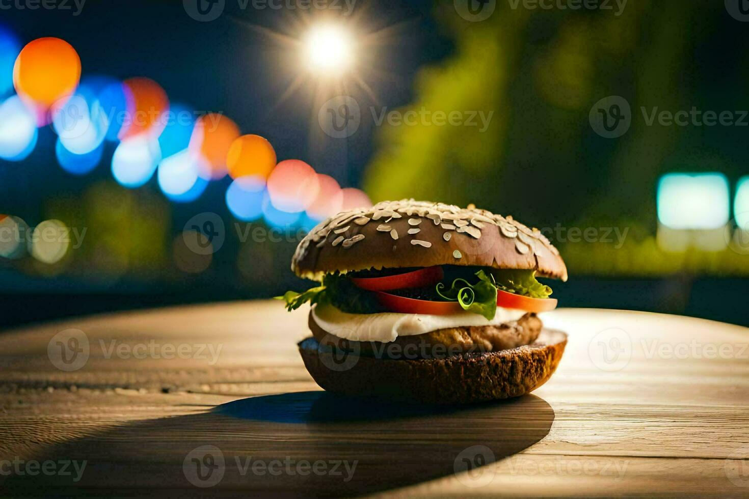 a hamburger sitting on a table in front of a city at night. AI-Generated photo