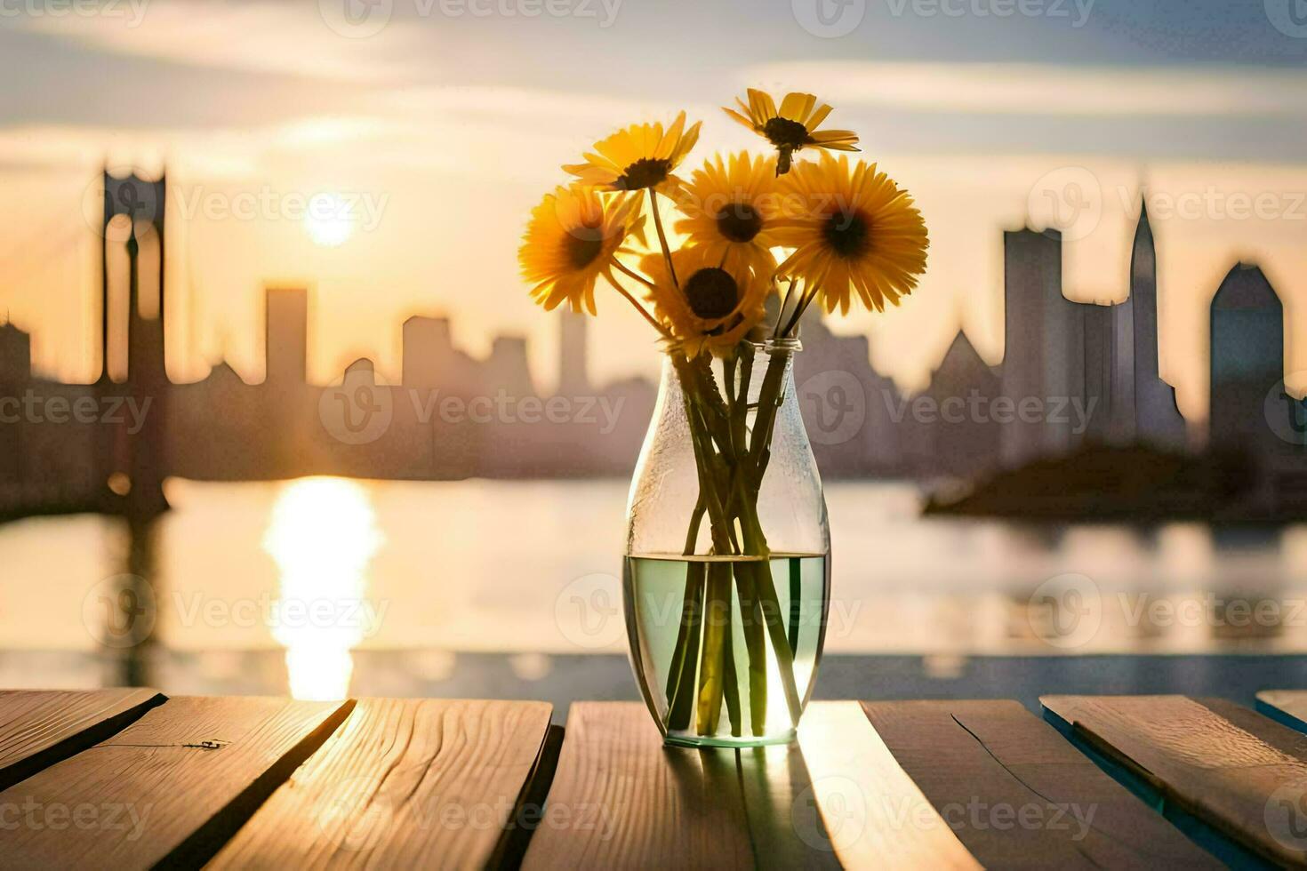 sunflowers in a vase on a table with a city skyline in the background. AI-Generated photo
