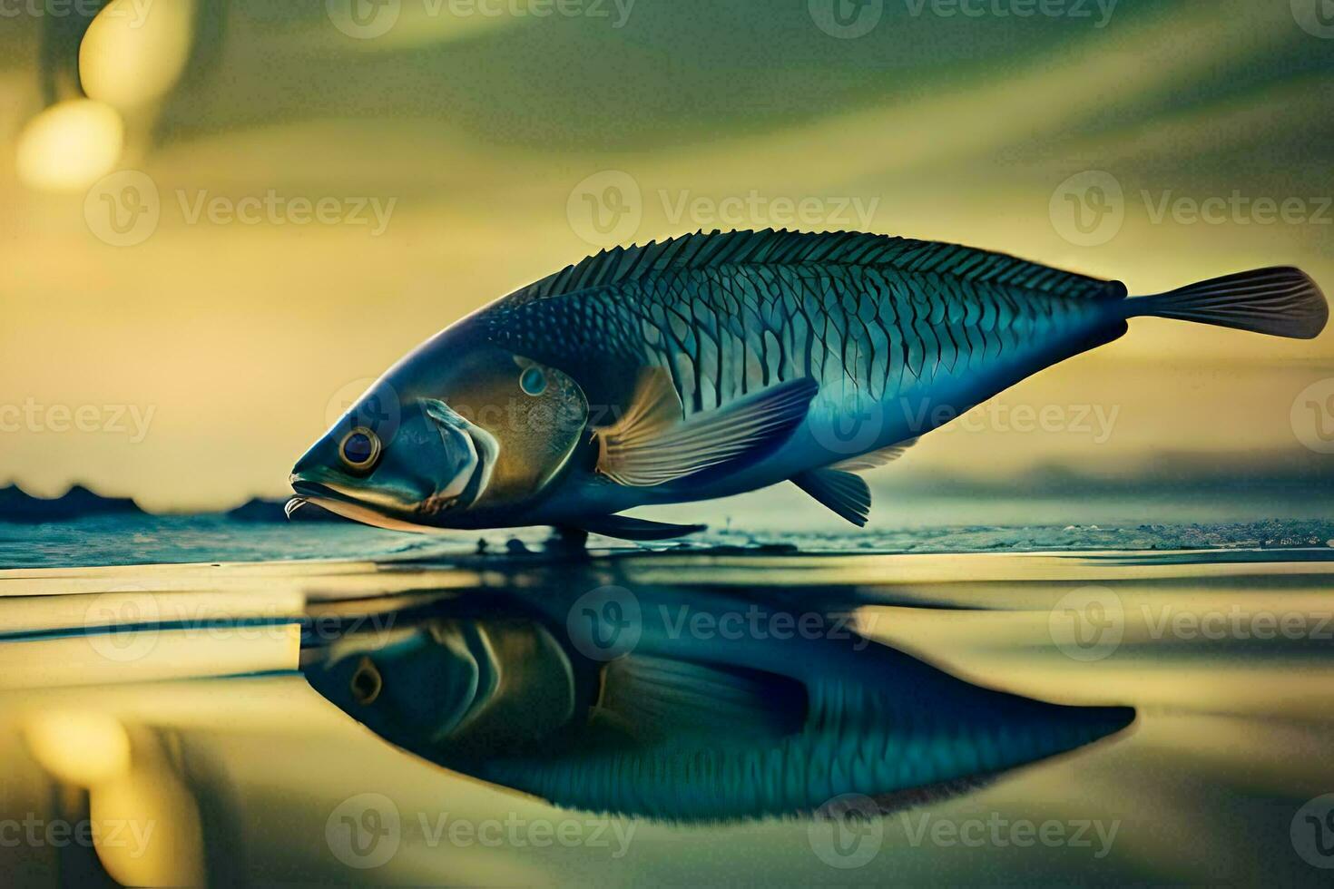 a fish is reflected in the water at sunset. AI-Generated photo