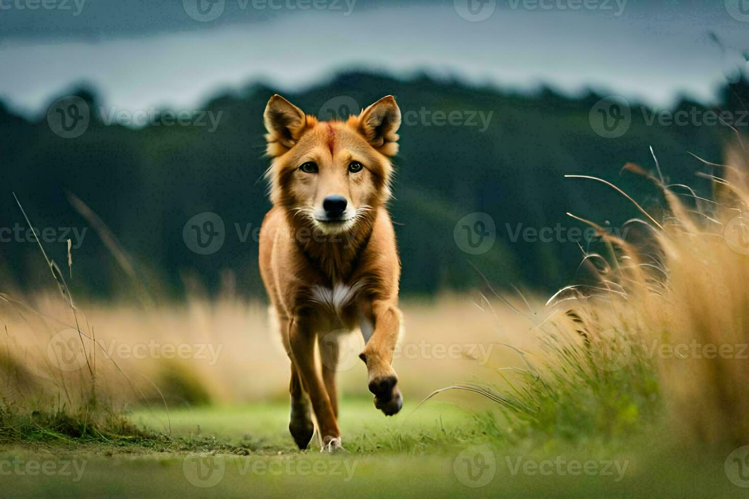 un perro corriendo mediante un campo. generado por ai foto