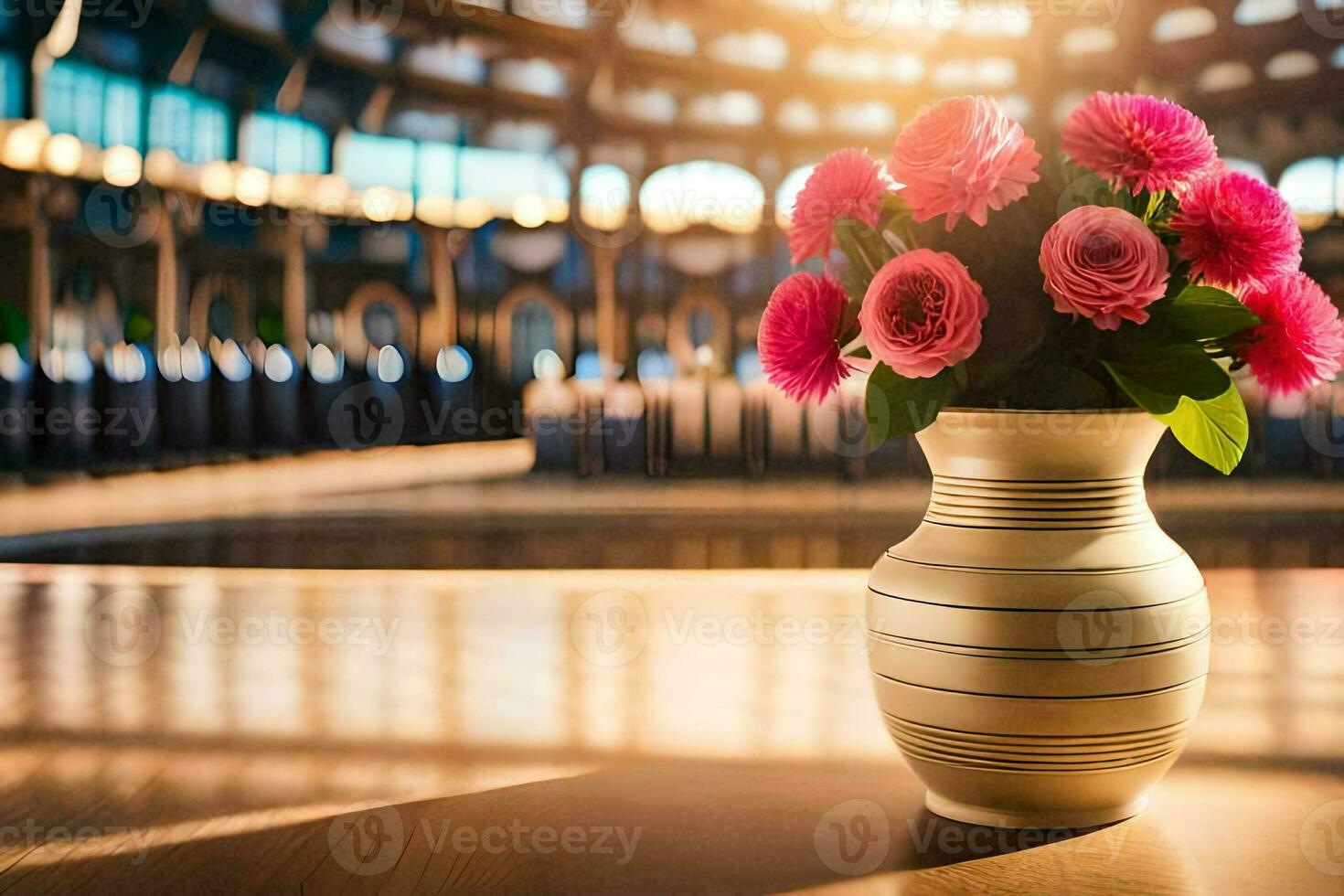 a vase with pink flowers sitting on a table. AI-Generated photo