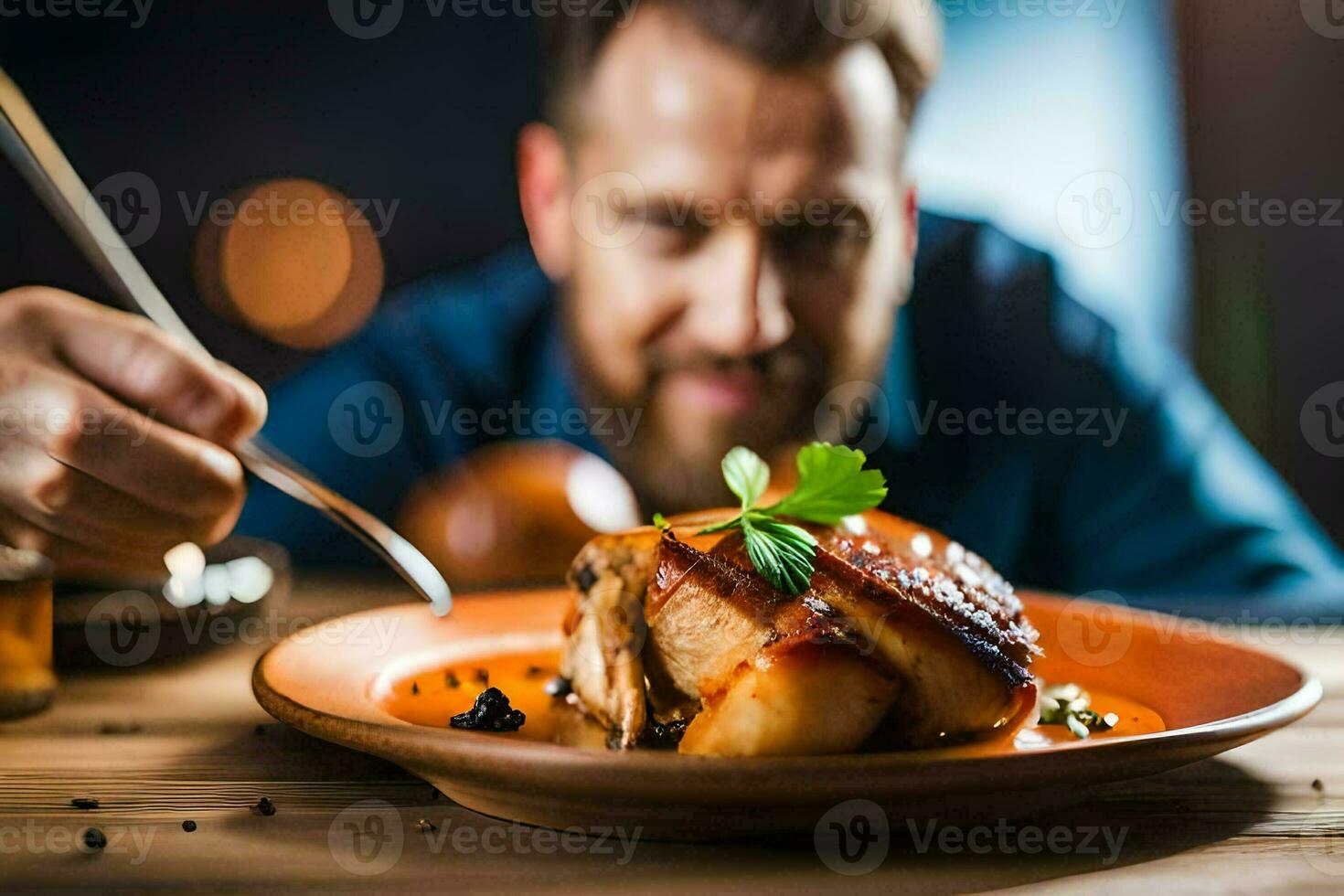 a man is eating a piece of meat on a plate. AI-Generated photo