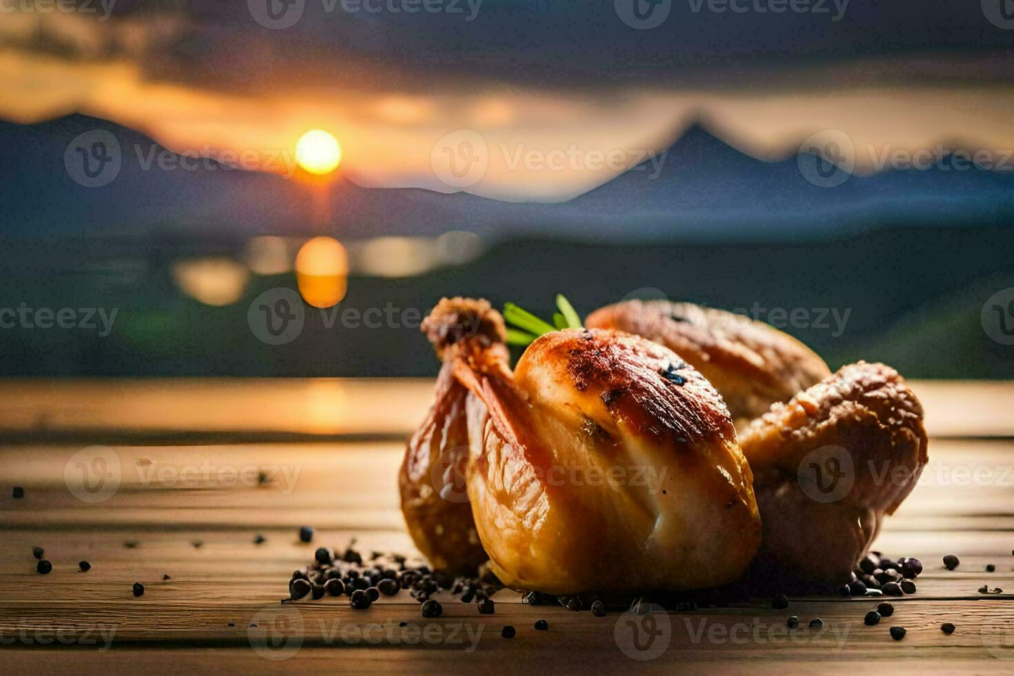 chicken on the table with sunset in the background. AI-Generated photo