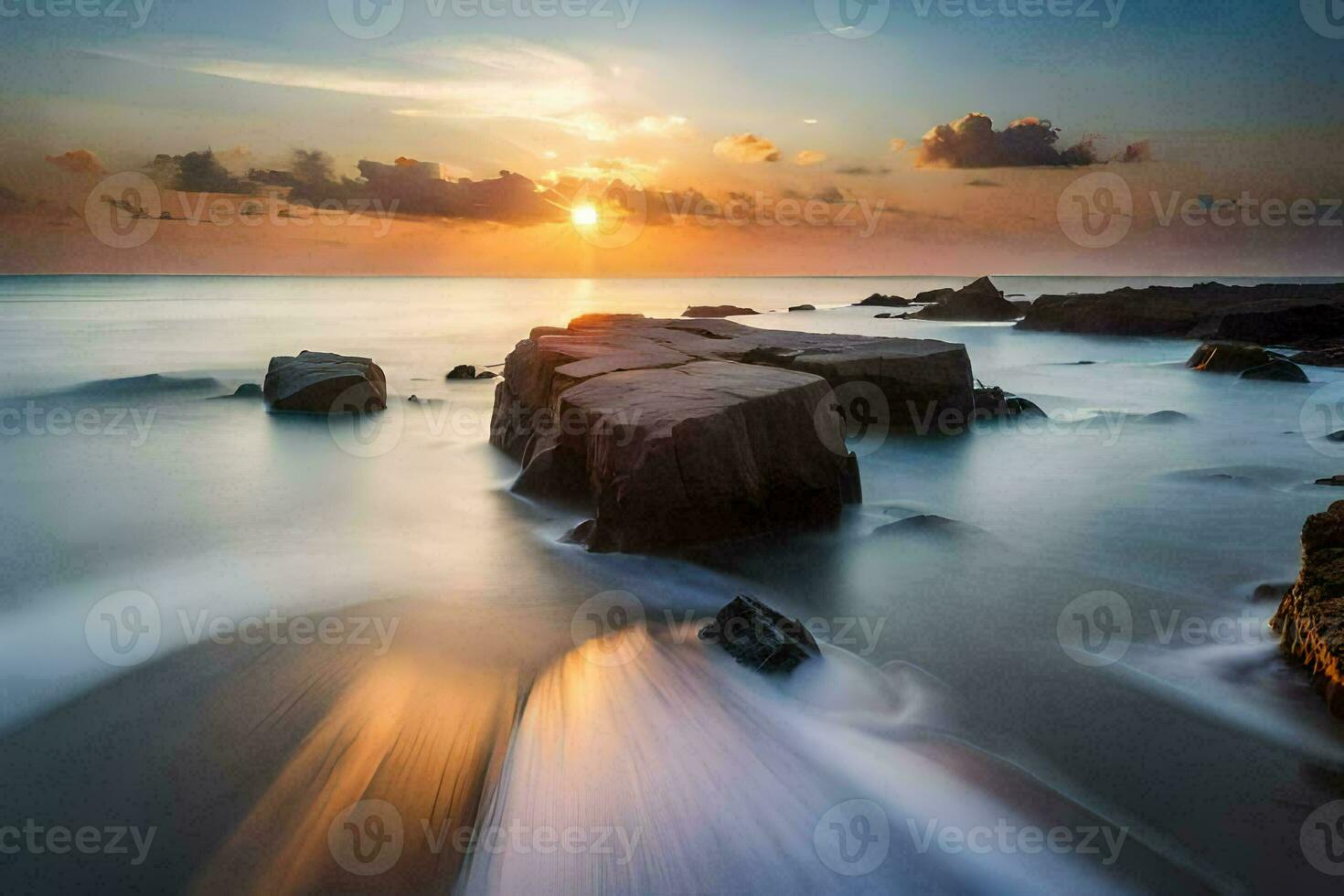 a long exposure photograph of rocks on the beach at sunset. AI-Generated photo