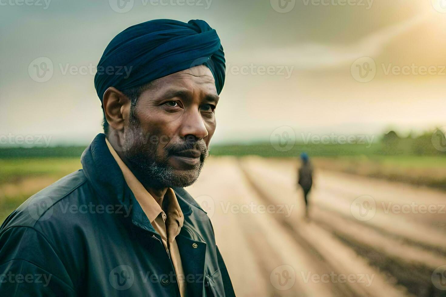 un hombre en un turbante soportes en el medio de un suciedad la carretera.  generado por ai 32279429 Foto de stock en Vecteezy