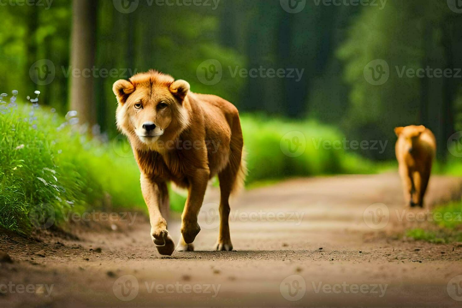 two lions walking down a dirt road in the forest. AI-Generated photo