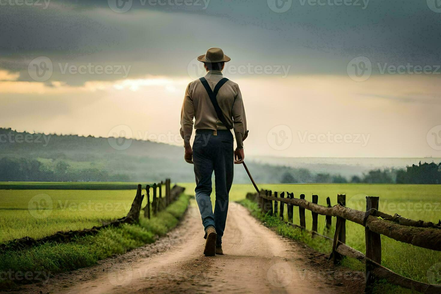 un hombre caminando abajo un suciedad la carretera con un caña. generado por ai foto