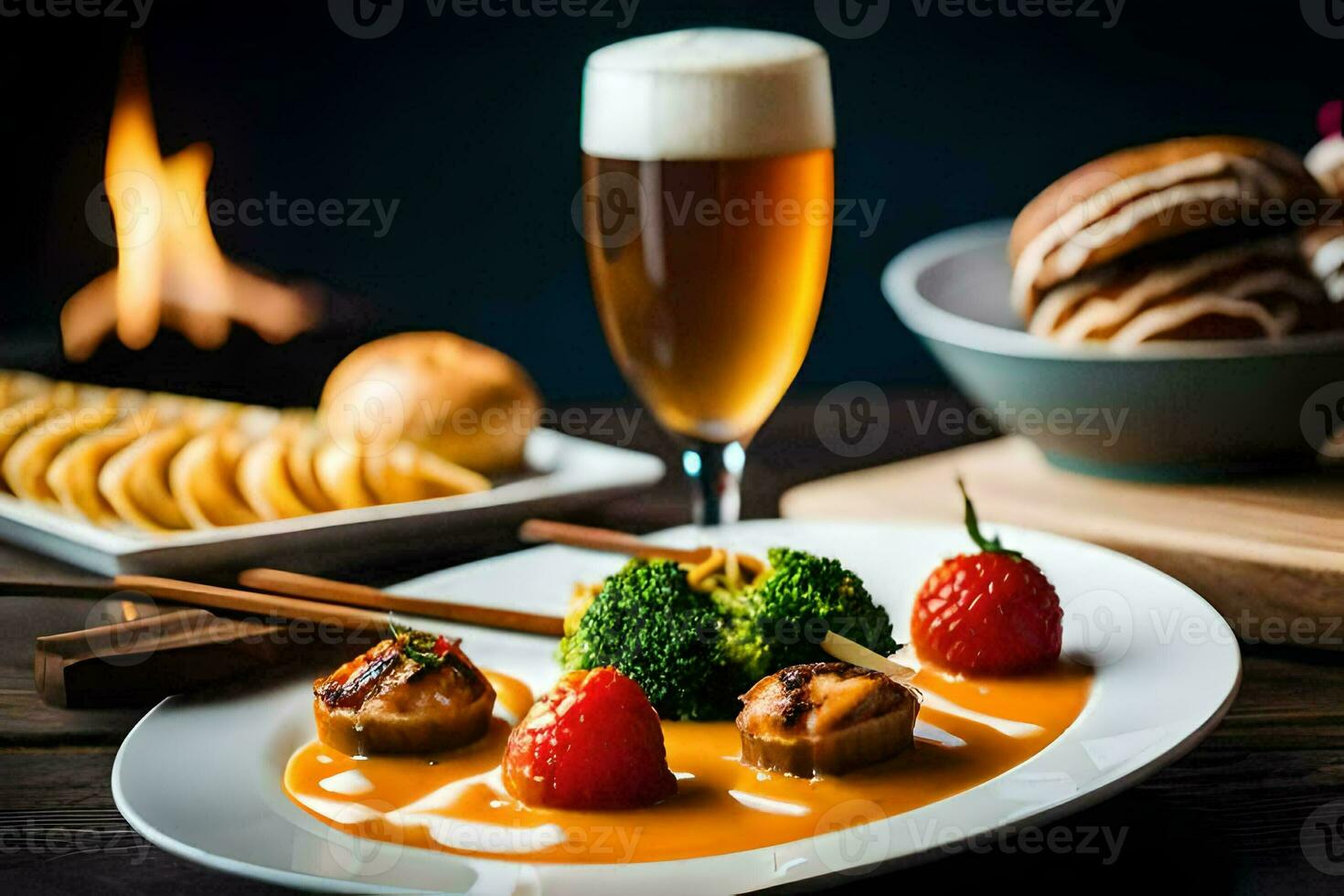 a plate of food with a glass of beer. AI-Generated photo