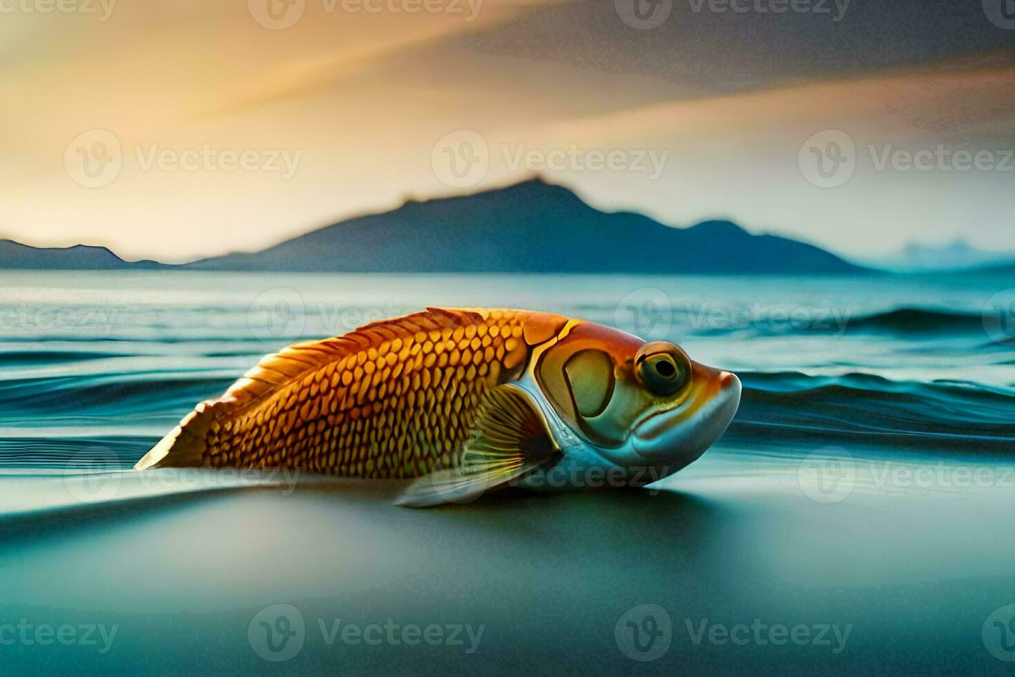 un pescado es flotante en el Oceano a puesta de sol. generado por ai foto