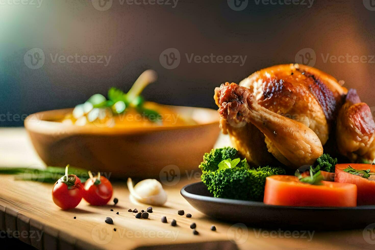 a chicken on a plate with vegetables and tomatoes. AI-Generated photo