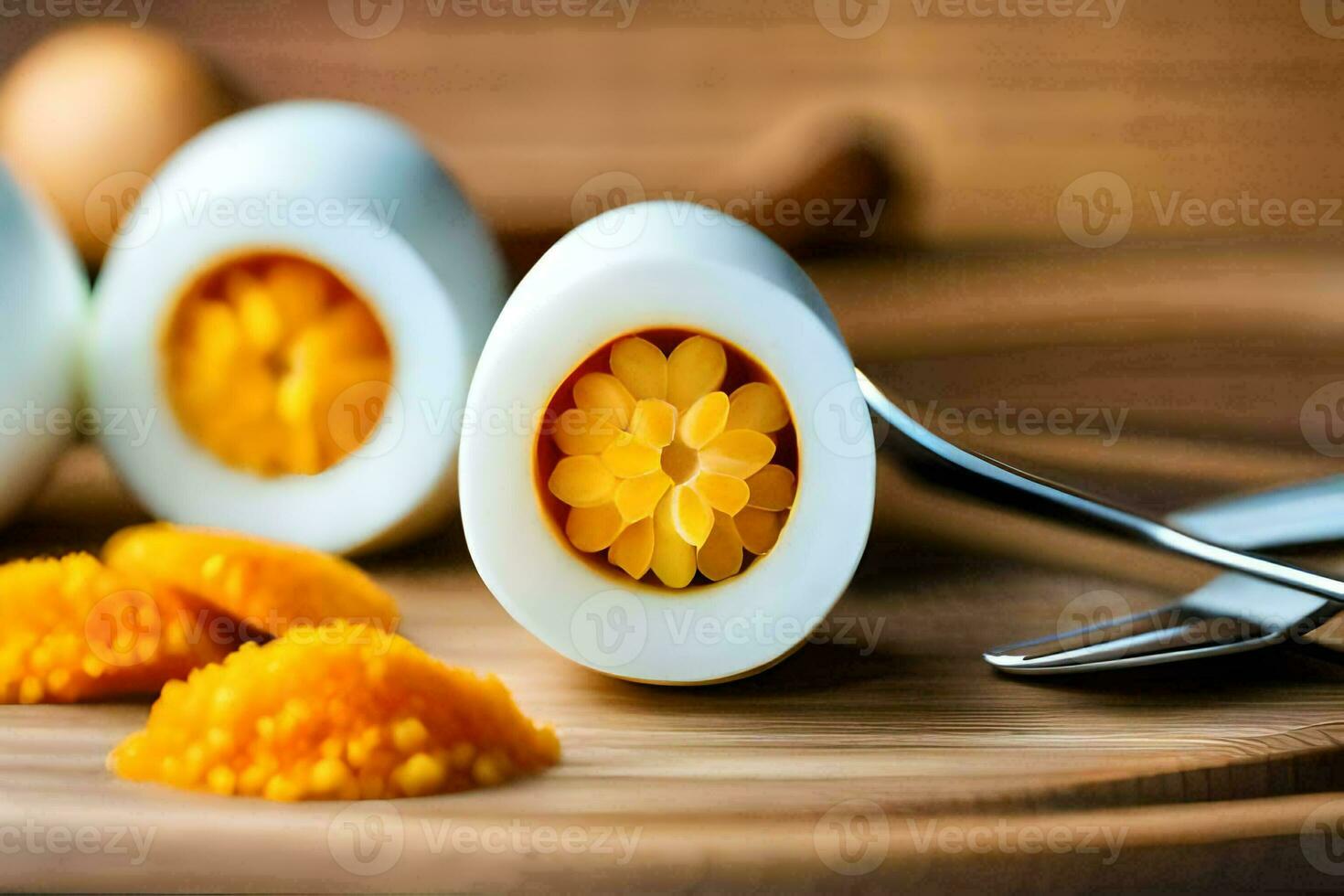 difícil hervido huevos con naranja rebanadas en un corte tablero. generado por ai foto