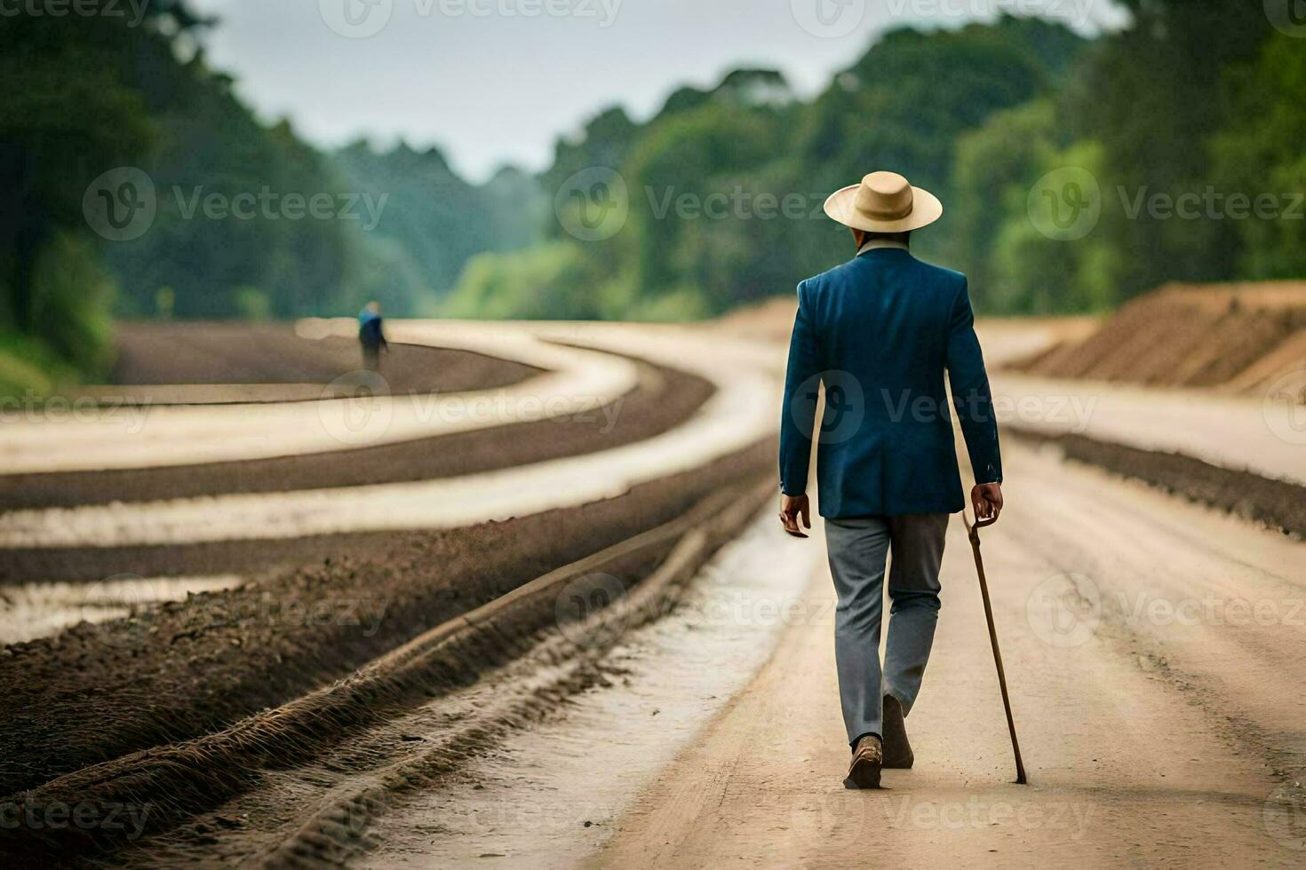 a man in a suit and hat walking down a dirt road. AI-Generated photo