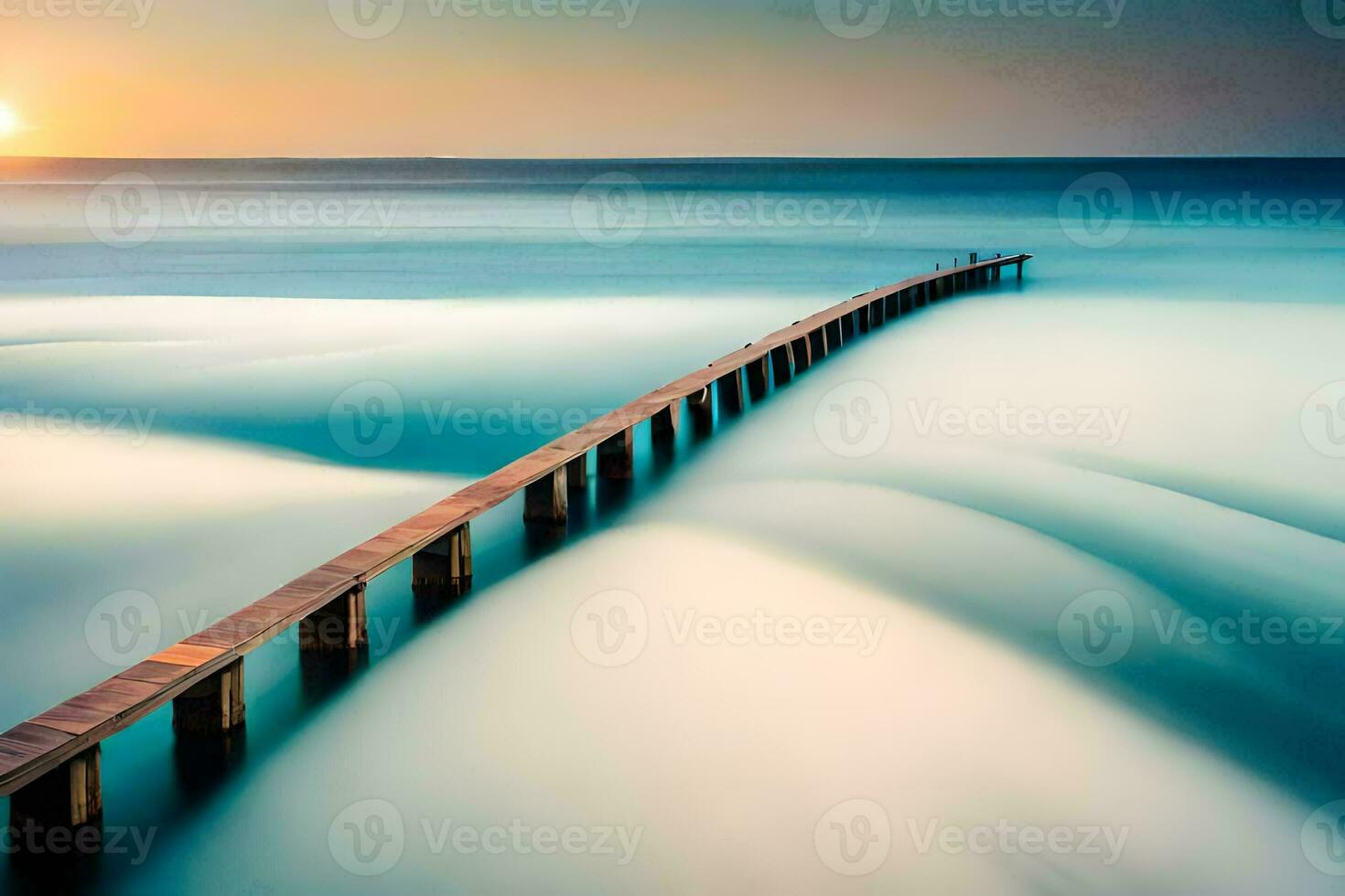 a long exposure photo of a pier in the ocean. AI-Generated