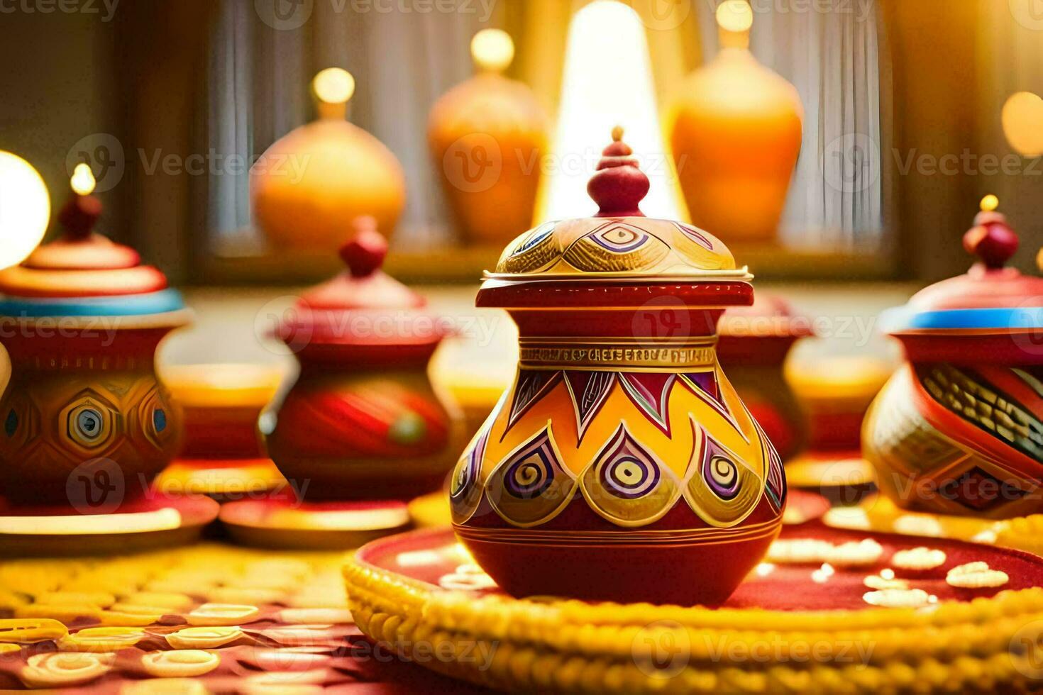 many colorful pots and candles are on a table. AI-Generated photo