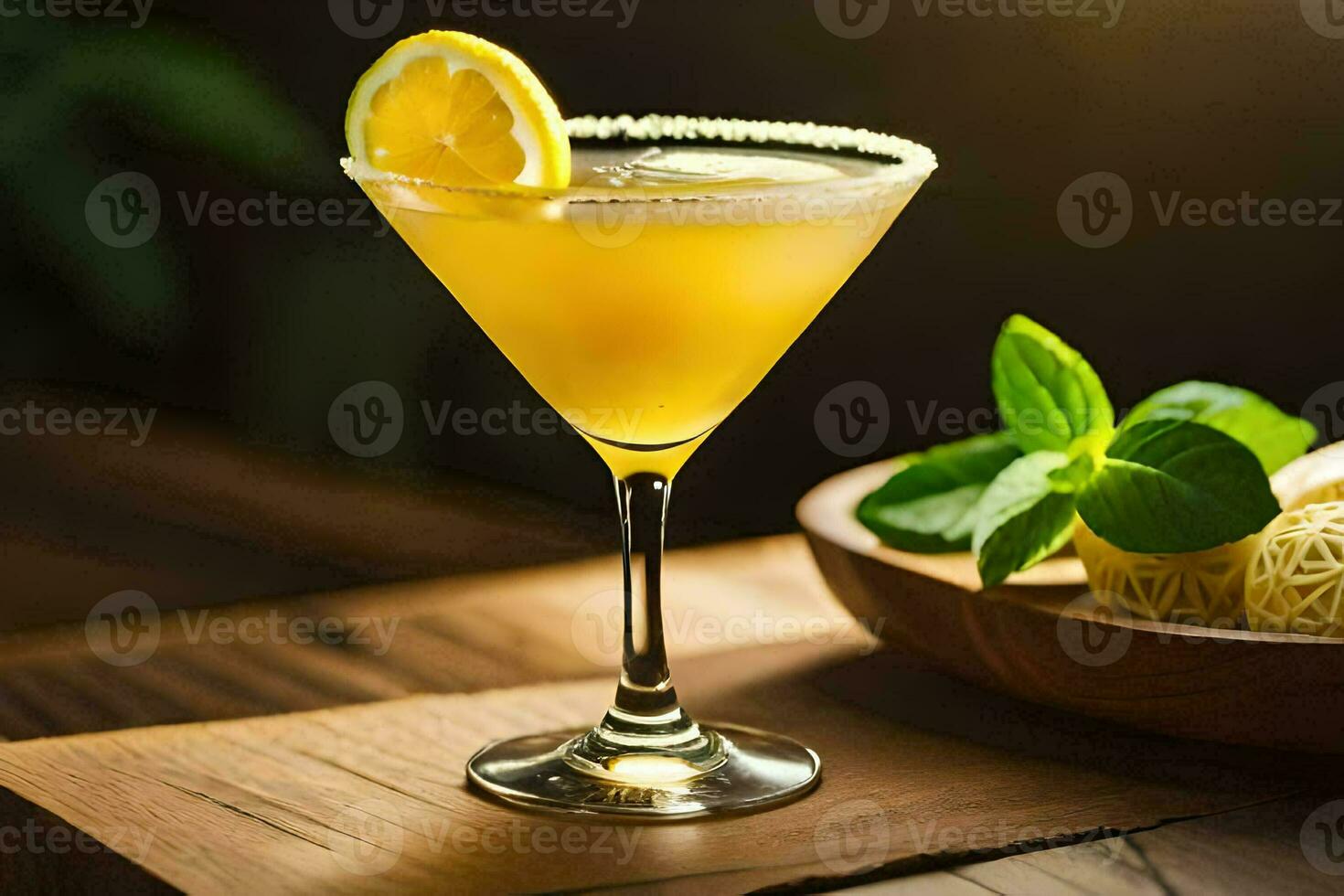 a cocktail with lemon and mint on a wooden table. AI-Generated photo