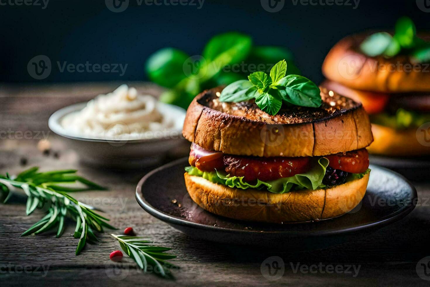 two hamburgers with tomatoes and herbs on a wooden table. AI-Generated photo