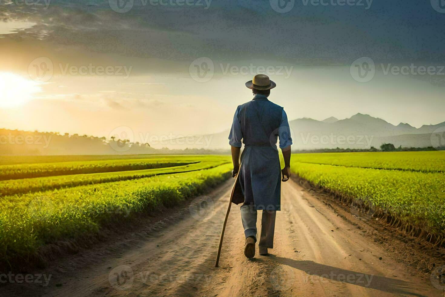 a man walking down a dirt road in a field. AI-Generated photo