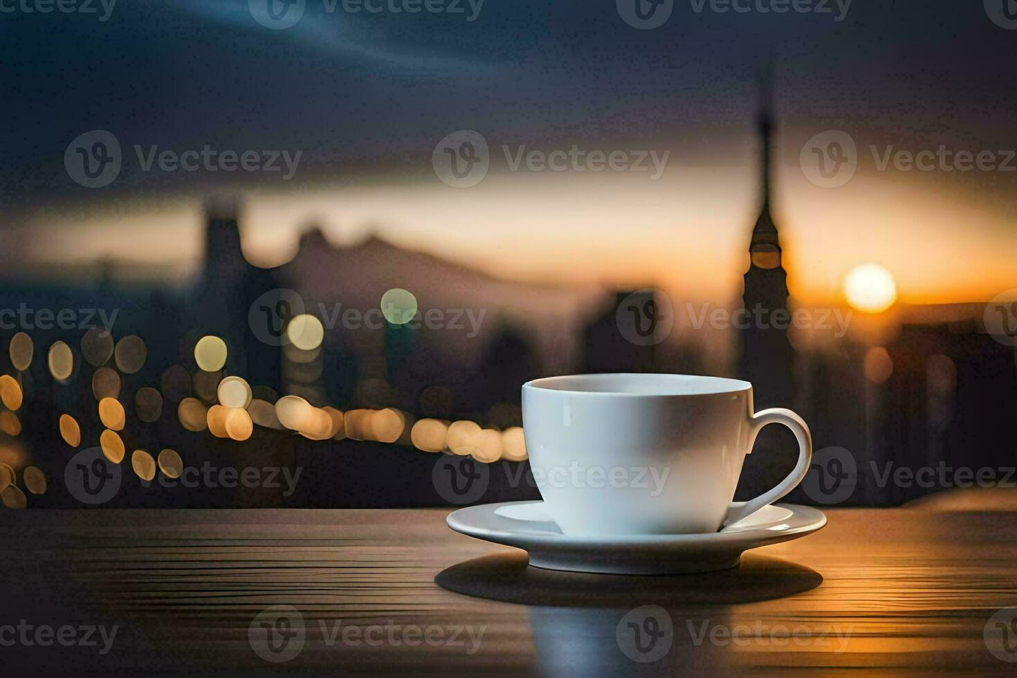 coffee cup on the table with city lights in the background. AI-Generated photo