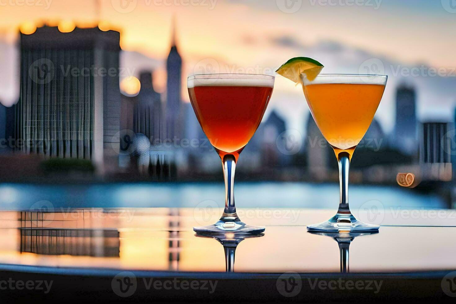 two glasses of cocktails with a view of the city. AI-Generated photo